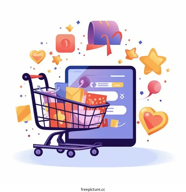 Online Shopping Illustration with Cart, Gifts, Hearts, and Stars