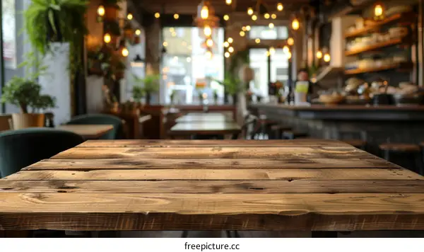 Rustic wooden table in a restaurant with a blurred background