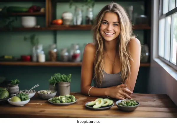 Portrait of a smiling young woman in a kitchen