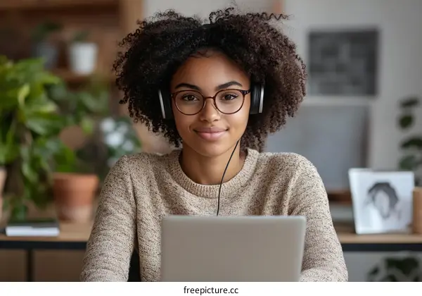 Young Woman Working on Laptop with Headphones