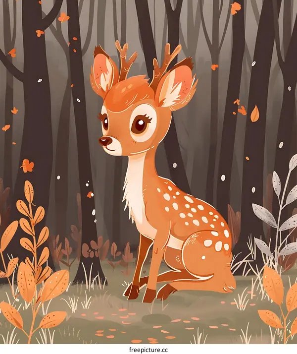 Cute Cartoon Deer In Autumn Forest