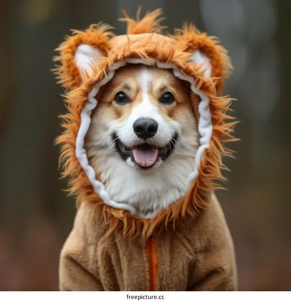 A cute dog wearing a lion costume