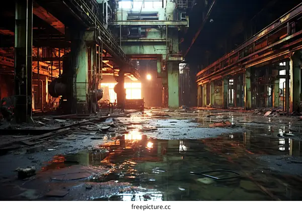 An abandoned factory building with water on the floor