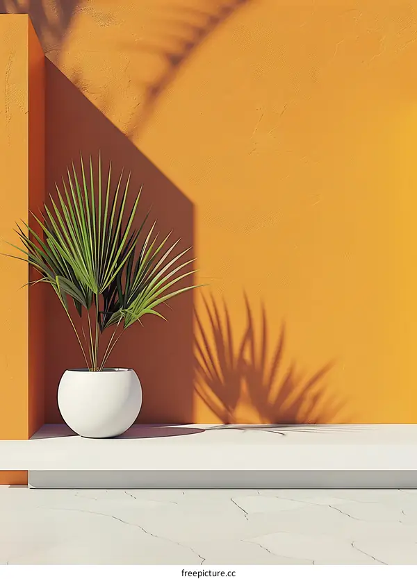 Minimalist Palm Plant and White Pot on Orange Wall Background