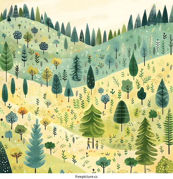 Illustration of a father and son in a forest