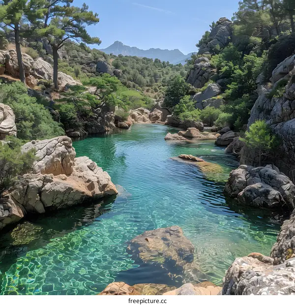The beautiful landscape of a river flowing through a canyon with green trees and blue water