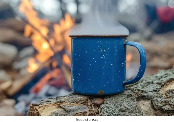 Blue enamel mug with hot drink by campfire in the woods