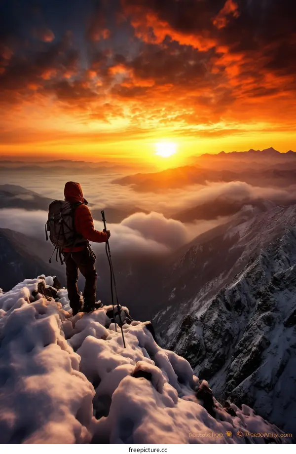 A lone hiker stands on a summit and gazes at the setting sun