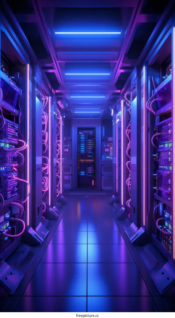 Server room with purple neon lights