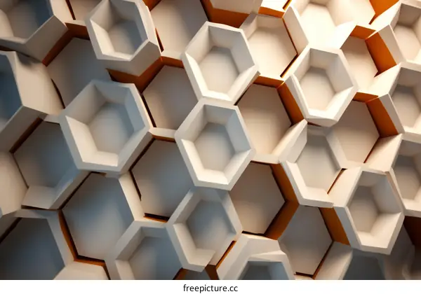 3D illustration of a honeycomb structure with white and orange hexagons