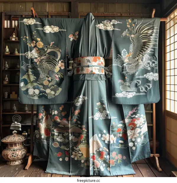 A kimono with an embroidered pattern of a phoenix and clouds