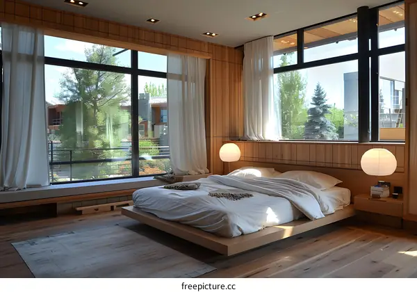 Wooden bed and floor-to-ceiling windows