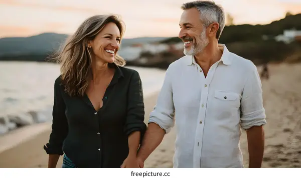 Couple Holding Hands Walking On Beach At Sunset