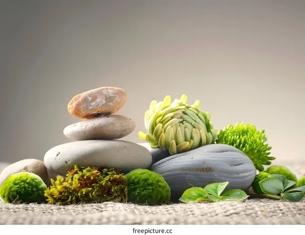 Zen Stones With Green Plants on Burlap