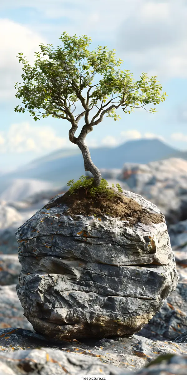 A tree growing on a rock with blue sky and mountains in the background