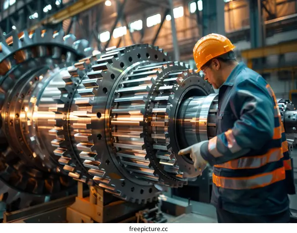 Industrial worker inspecting a large gear