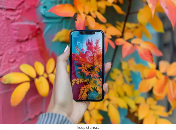 Hand Holding Smartphone With Autumn Leaves Wallpaper