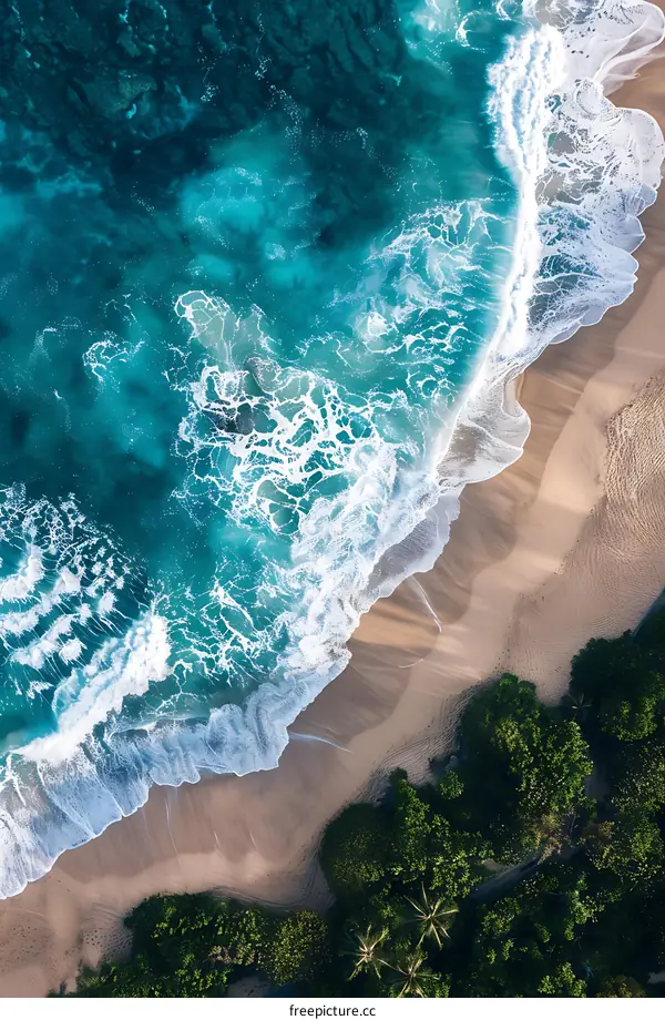 Aerial View of Ocean Waves Crashing on Sandy Beach