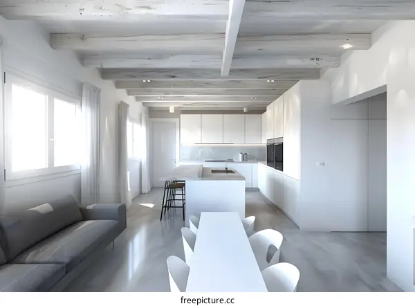 Modern White Kitchen With Wooden Beam Ceiling