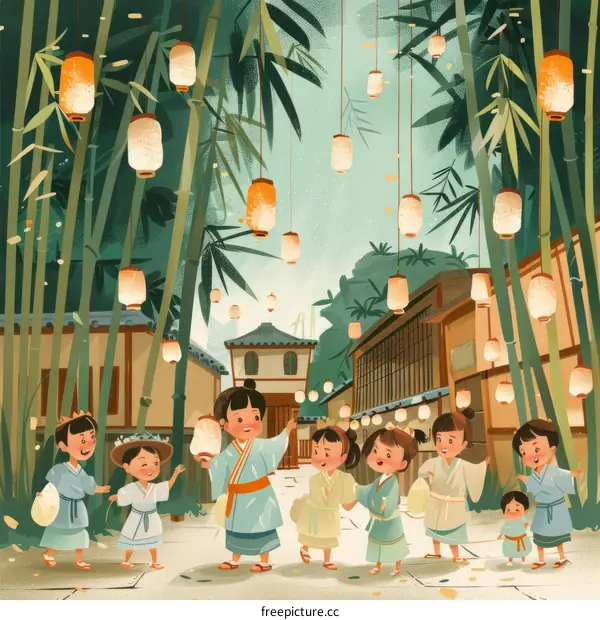 Japanese children playing in a bamboo forest