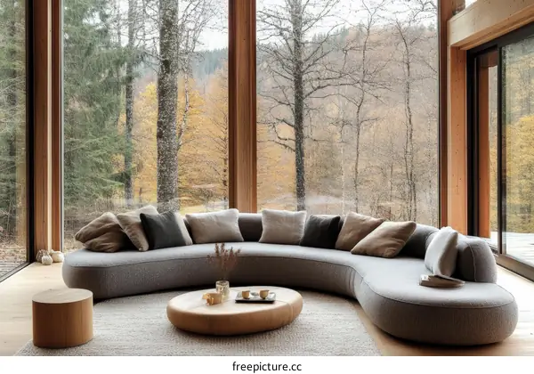 Modern Curved Sofa with Panoramic Forest View