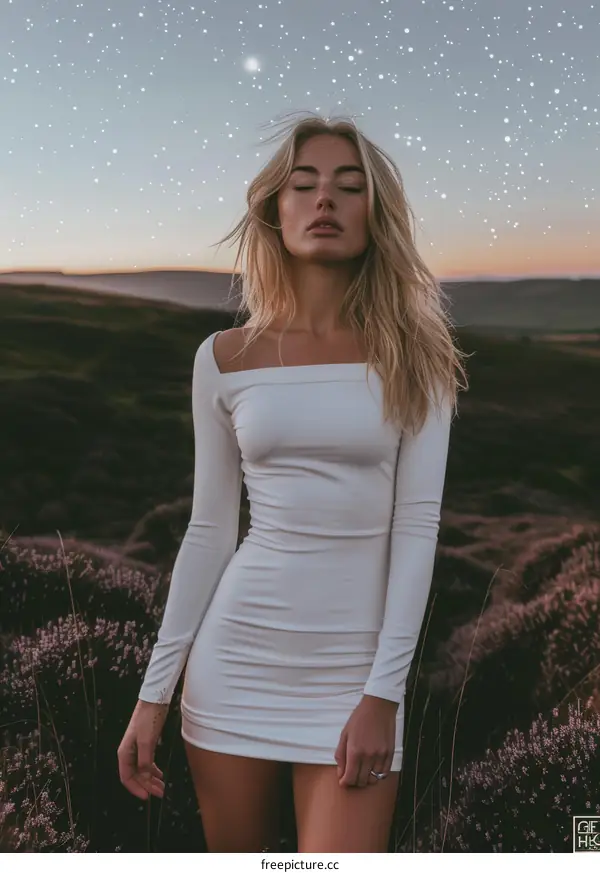 Night sky and the blonde woman in the heather field