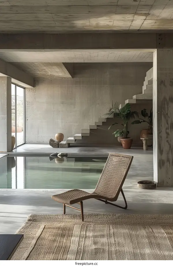 Minimalist Concrete Home Interior Design With Swimming Pool