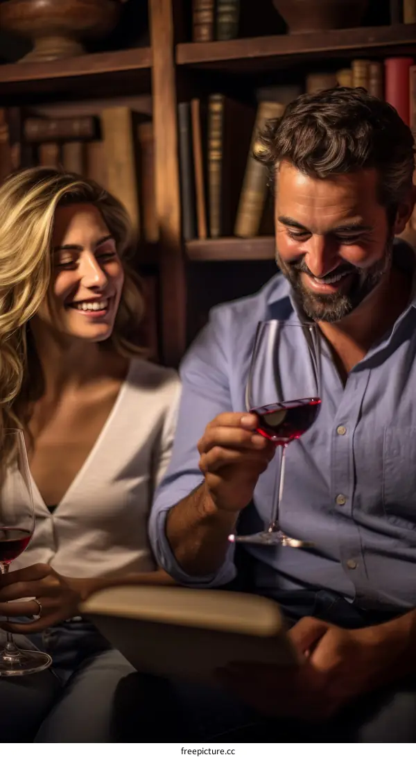 Couple smiling and reading a book together