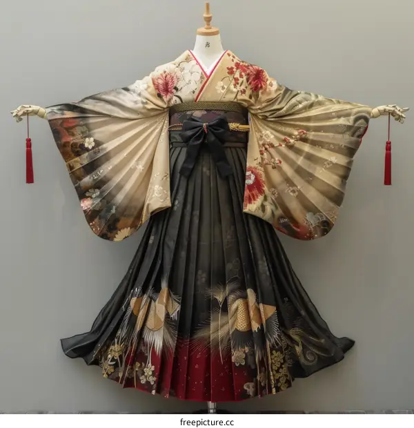 A woman wearing a kimono with a floral pattern and a red obi.