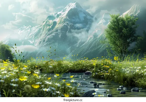 Snowy Mountains and Blooming Meadows