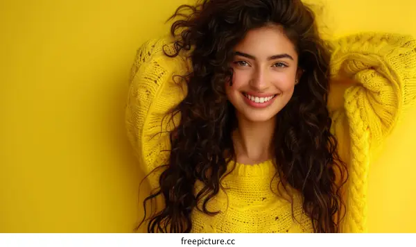 Beautiful young middle eastern woman with toothy smile wearing yellow sweater posing against yellow background