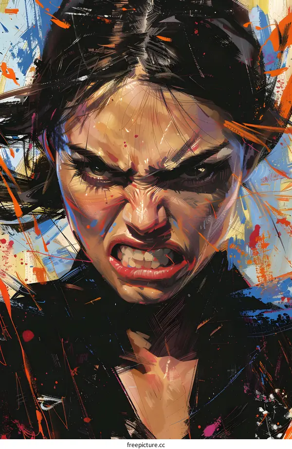 Close-up portrait of a young woman with an angry expression on her face