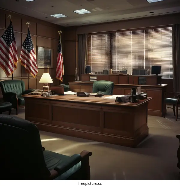 An empty conference room with American flags