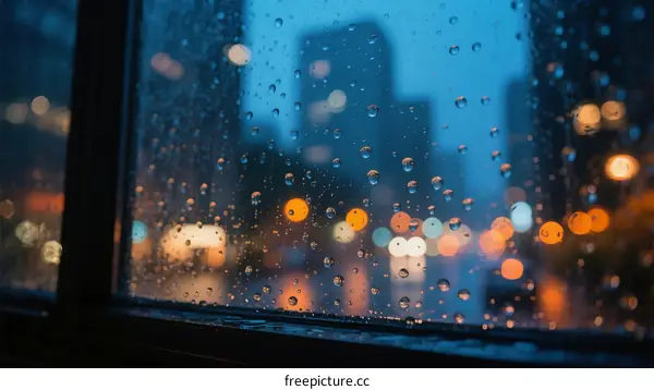 Rain drops on window with blurred city lights in evening