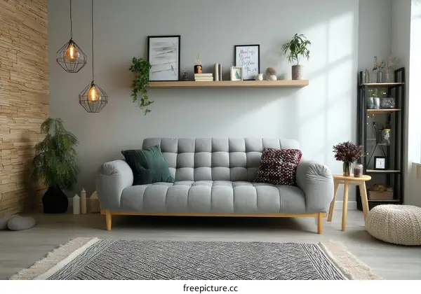 Modern Living Room with Gray Sofa and Wooden Accessories