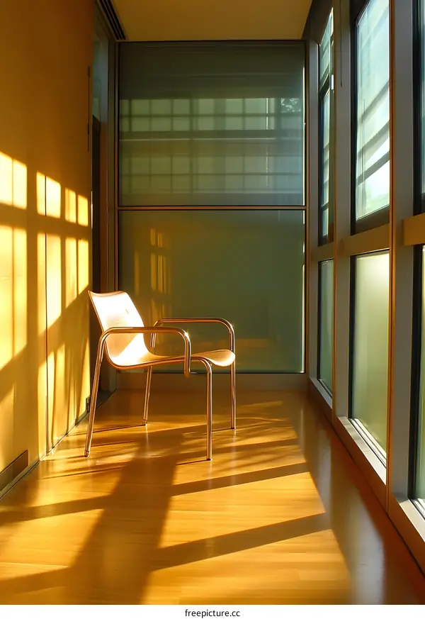 Modern Wooden Chair in Sunlit Room with Large Windows