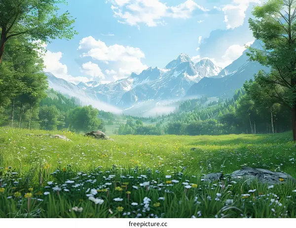 Serene Meadow Surrounded by Majestic Mountains