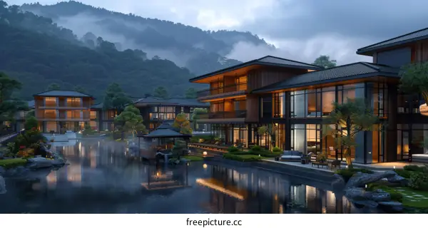 Japanese Style Resort Village at Dusk