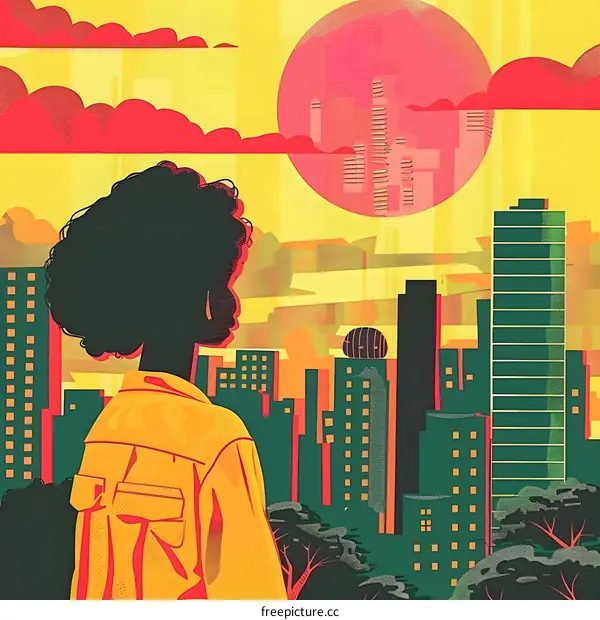Woman in Yellow Jacket Looking at City Skyline Illustration