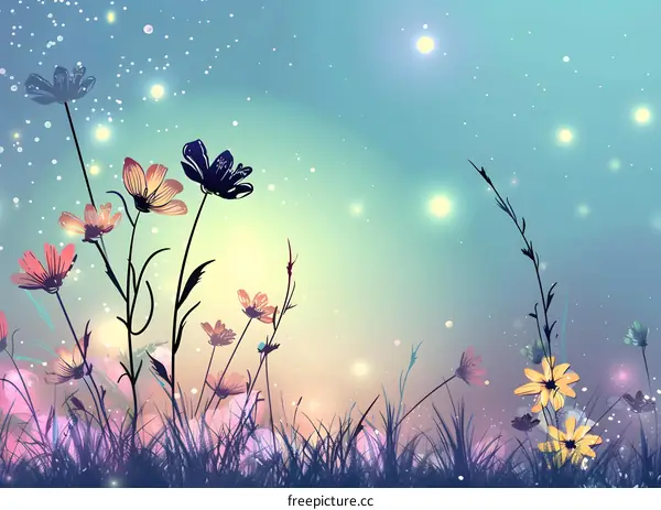 Silhouette of Flowers in Field with Blue and Yellow Sky