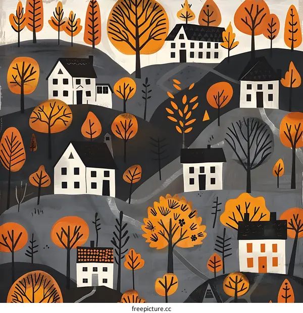 Autumn Village Landscape Illustration