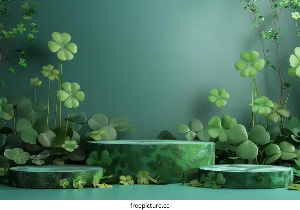 Green St Patrick's Day background with clovers and podiums