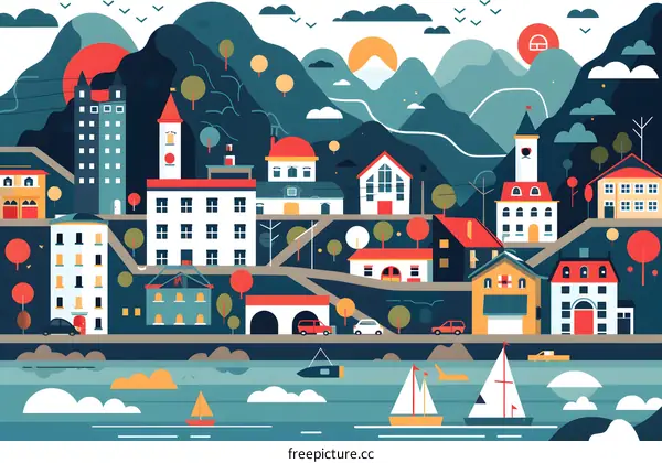 Flat Illustration of a Small Town by the Sea