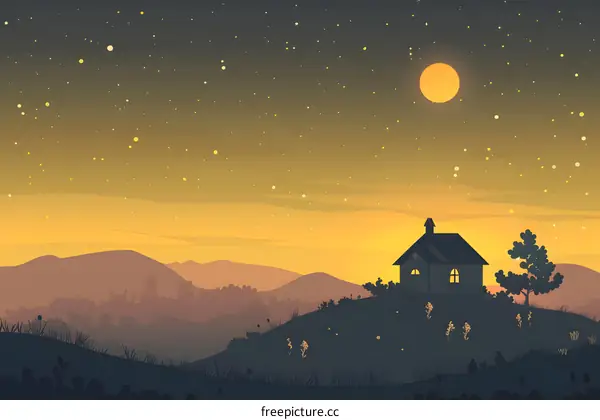 Night Sky with Silhouette of a House and Mountains