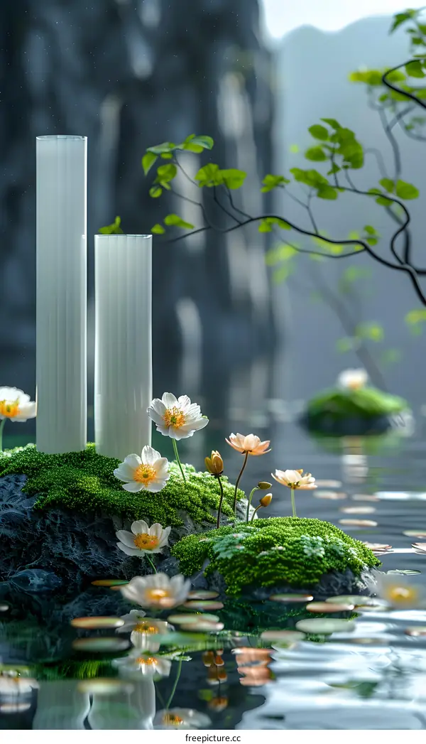 Three white cylinders stand on a rock in a shallow pond surrounded by moss and white and yellow flowers with green leaves in the background