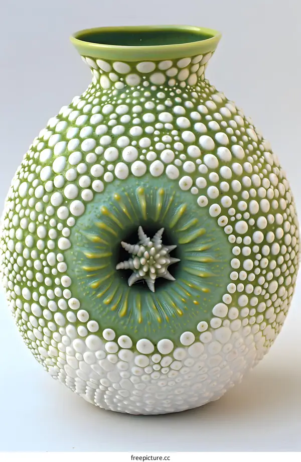 Green and white ceramic vase with a textured surface and a starfish-shaped opening