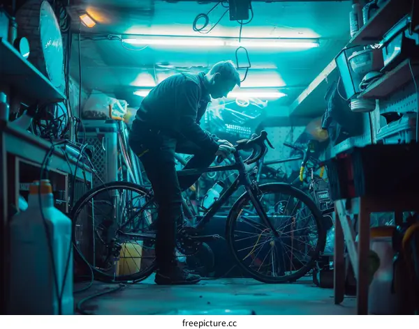 Man working on a bicycle in a dimly lit garage