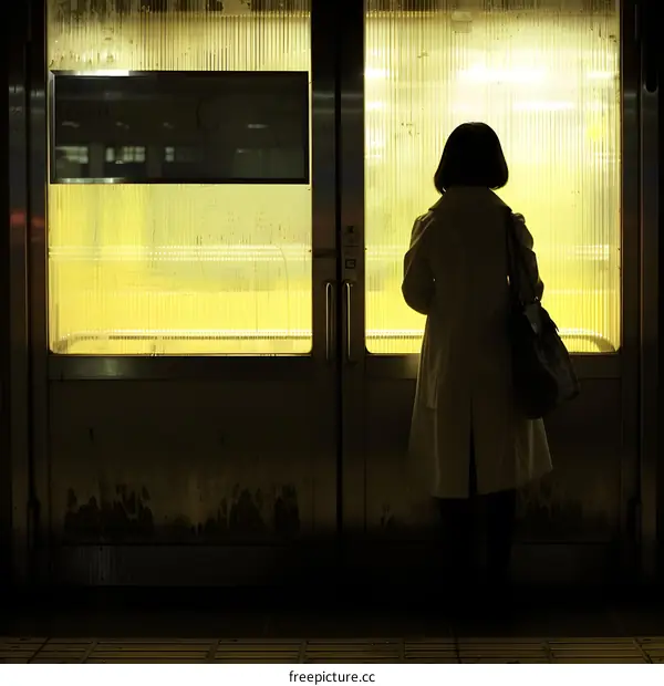 Silhouette of a Woman Waiting at a Subway Station Door