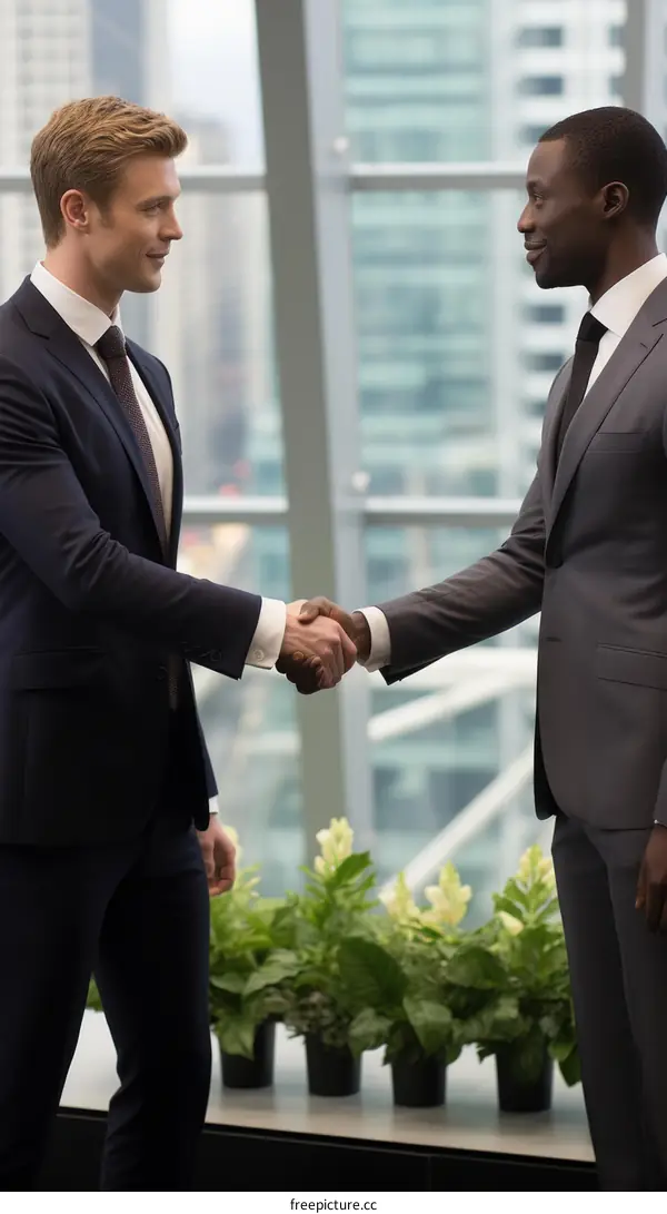 Two businessmen shaking hands in an office building