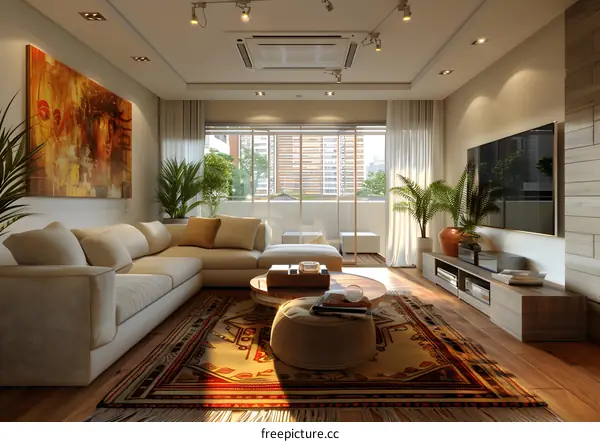Modern Living Room Interior Design with Beige Sofa and Wooden Floor